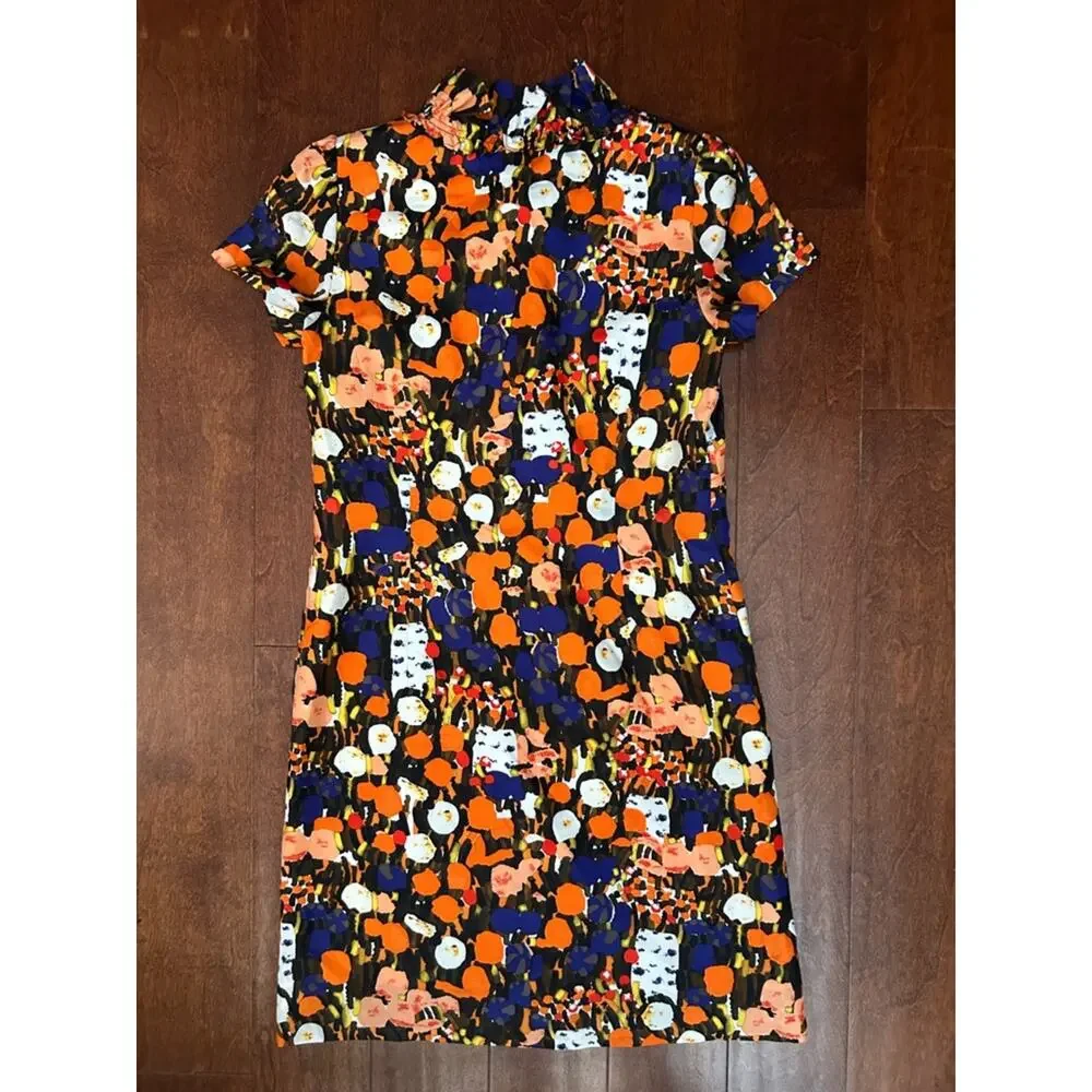 J. Crew Factory Retro Multicolor Abstract Floral 100% Silk Dress, Size 4